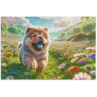 Imagem de Quebra-cabeça de cachorro Chow Chow floral primavera 500 peças para adultos impressão de arte animal diversão família jogo de quebra-cabeça presentes, 51 x 35 centímetros