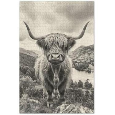 Imagem de Quebra-cabeça de vaca Highland preto e branco para adultos, 1000 peças, presentes para amantes de quebra-cabeças, presentes exclusivos de arte animal, 75 x 40 cm