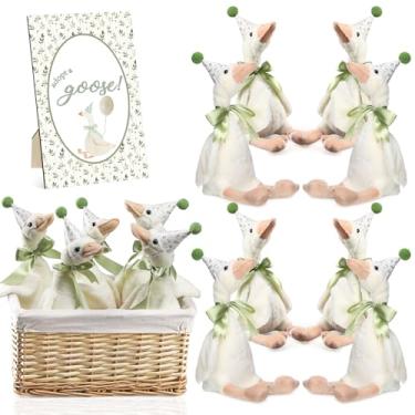 Imagem de Blueweenly One Silly Goose 1º aniversário decoração 8 conjuntos 15,7 polegadas macio ganso bicho de pelúcia chapéu de aniversário com decoração de mesa de madeira (bege, letreiro de folha)