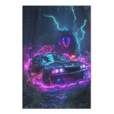 Imagem de Carro Lobo Preto Brilhante Roxo 1000 Peças Puzzles, Jogos de Quebra-Cabeça para Adultos, Jogos para Adultos