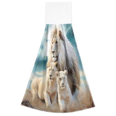 Imagem de Toalhas de mão suspensas leão e leoa para cozinha, forno, toalhas de chá, conjunto de 2 panos de prato decorativos altamente absorventes para cozinha, 46 x 35 cm