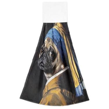Imagem de Cachorro Pug engraçado com brinco de pérola toalhas de mão de mola com laços para pendurar toalha de forno macia absorvente bonito conjunto de toalhas decorativas de cozinha de 2, 45 x 35 centímetros