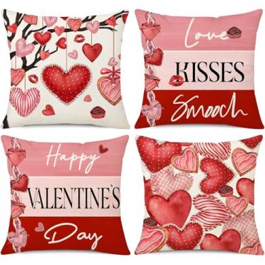 Imagem de NIGHTWISH Capas de almofada de Dia dos Namorados com corações de amor 50 x 50 conjunto de 4 capas de almofada listradas vermelhas Love Kisses Smooch Valentine para decoração de casa
