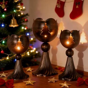 Imagem de Conjunto de 3 castiçais Tealight, suporte de vela com padrão de árvore de Natal, suporte de luz de chá de mosaico romântico para mesa de centro de mesa, decoração de casa de Natal