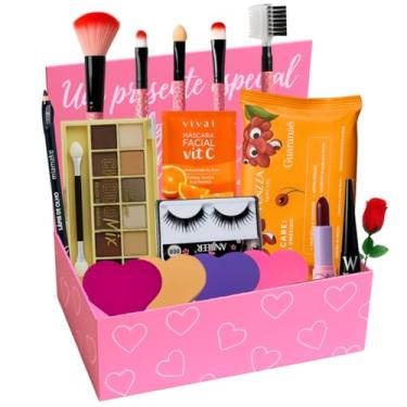 Imagem de Kit de Maquiagem Completo com 9 Itens Paleta de Sombras Pincéis Batom Delineador Cílios Acessórios Caixa Elegante Beleza e Criatividade Lindo Sagaro Makeup