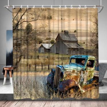 Imagem de Farmhouse Cortina de chuveiro vintage caminhão antigo rústico celeiro de madeira retrô americano clássico carro fazenda caminhão conjunto de banheiro acessórios de banheira tecido de poliéster com