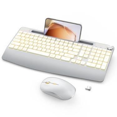 Imagem de JOYACCESS Teclado ergonômico sem fio com suporte de telefone, teclado sem fio recarregável com teclas iluminadas para laptop, PC, Mac, Windows - branco prateado