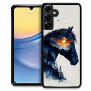 Imagem de CARLOCA Capa compatível com Samsung Galaxy A15 para meninas à prova de choque antiarranhões capa traseira de PC rígida estética padrão pôr do sol montanha floresta tinta cavalo preto