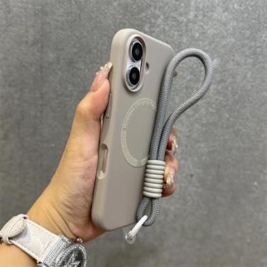 Imagem de Capa de silicone líquido com cordão para iPhone 16, 15, 14, 13, 12, 11 Pro Max, 16 Plus, com forro de microfibra e pulseira sem fio, cinza, para iPhone 16 Plus