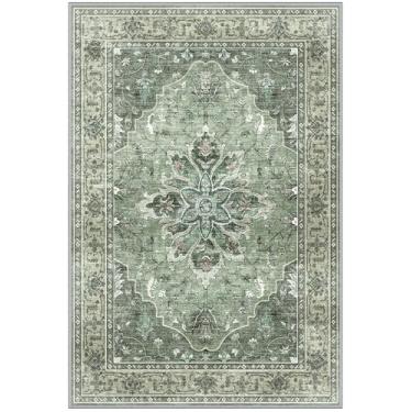 Imagem de RELEANY Tapetes de área 9,5 x 18 m, lavável, antiderrapante, floral, vintage, estampa de angústia, tapete medalhão para sala de estar, quarto, sala de jantar, verde escuro cinza
