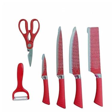 Imagem de Conjunto de Facas de Cozinha com Padrão Granito, 6 Peças, Lâminas em Aço Inoxidável, Cabo Branco, Inclui Tesoura e Descascador (red)