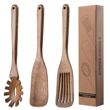 Imagem de Espátula de cozinha de madeira para cozinhar – conjunto de 3 peças, colher de macarrão de madeira de acácia natural com dentes, garfo de espaguete para servir macarrão, utensílios antiaderentes para