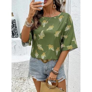 Imagem de Blusa feminina floral verde-oliva - blusa morcego de manga curta, Verde, X-Large