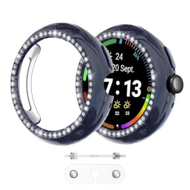 Imagem de Wugongyan Pacote com 2 capas para Google Pixel Watch 4 45M – Charge com capa em diamante de cristal de linha única brilhante capa protetora de PC rígido protetor de borda para Pixel Watch 4 (azul