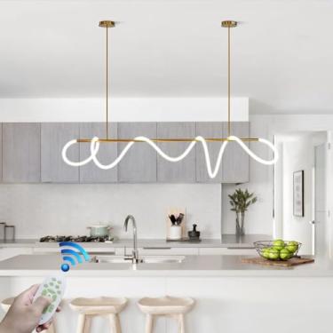 Imagem de Lustre moderno de metal com LED, luminária pendente para restaurante, dimerizável de 3000k a 6500k, controle remoto, dourado, linear, personalizável, para bar, café, cozinha, ilha, restauran