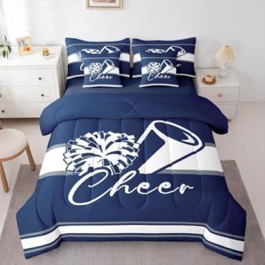 Imagem de Feelyou Jogo de edredom Cheer completo com 7 peças, para crianças, meninos, meninas, líder de torcida, conjunto de cama esportivo de equipe de torcida, azul marinho, microfibra leve e macia