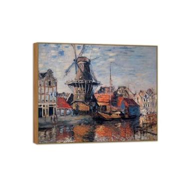 Imagem de Claude Monet Famosas Impressões em Tela de Parede Prontas para Pendurar Moinho de Vento no Canal Quadro de Madeira para Decoração de Sala de Estar 40 x 50 cm 16 x 20 pol