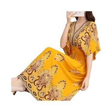 Imagem de Vestido Midi Vintage Boêmio Floral Com Decote Em V E Cintura Elástica 