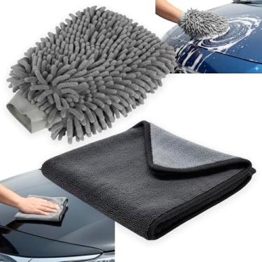 Imagem de Kit 2 Estética Automotiva Premium | 1 Pano de Lavar Carro e Motos Microfibra 60x40 cm + 1 Luva De Limpeza Automotiva Felpuda Brilho Impecável, limpeza, secagem e polimento