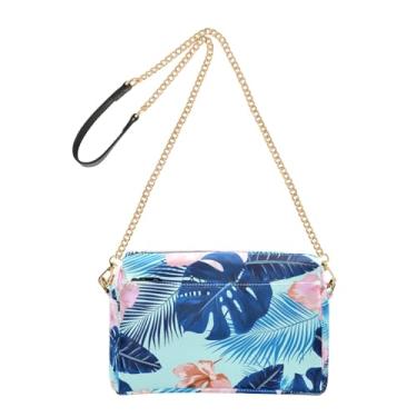 Imagem de Joitme Bolsa feminina tiracolo bolsa para celular alça de corrente de couro PU bolsa de ombro flores tropicais coloridas folhas azuis