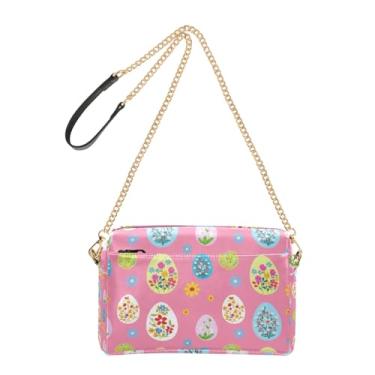 Imagem de Joitme Bolsa tiracolo colorida com flores e ovos de páscoa rosa para mulheres, bolsa para celular, linda bolsa de ombro de couro sintético com alça de corrente