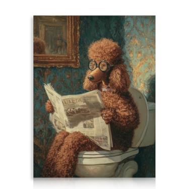 Imagem de Dazzlewall Impressão engraçada de pôster de cachorro de banheiro, poodle extravagante vintage lendo jornal no vaso sanitário, decoração de banheiro, 30 x 40 cm, sem moldura