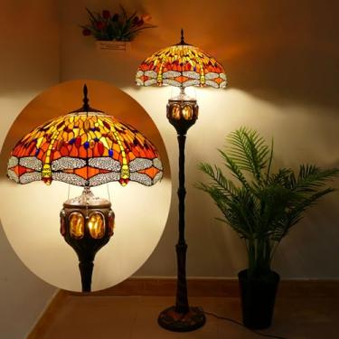 Imagem de Luminária de chão estilo Tiffany com vitral, 45,7 x 45,7 x 170,2 cm (18 x 18 x 67 polegadas), estilo antigo, para canto, decoração de quarto, sala de estar, escritório, libélula vermelha