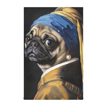 Imagem de Joisal Conjunto de toalha de prato de cozinha azul decorativo engraçado cachorro pug com brinco de pérola toalhas de chá de mão fofas pratos de lavagem macios absorventes 45 x 71 cm, 1 pacote