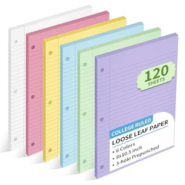 Imagem de Papel pautado universitário de 6 cores, 120 folhas de papel colorido de 20 x 26,7 cm, papel pautado com 3 furos de 70 g/m2 para fichários de 3 anéis, papel de escritório de folhas soltas