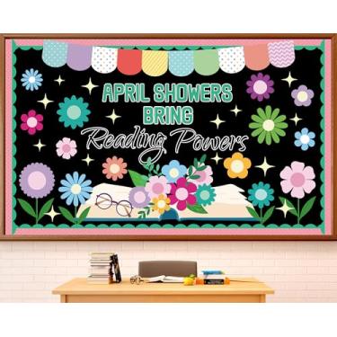 Imagem de Conjunto de decorações de quadro de avisos de leitura de primavera para sala de aula, quadro de avisos florais, chás de abril trazem poderes de leitura, recortes de papel floral para volta às aulas