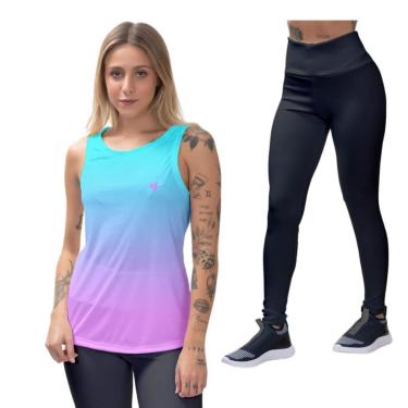 Imagem de Kit Camiseta Regata Feminina Blusa Ginástica Calça Legging  Proteção UV50 Caminhada Fitness-Feminino