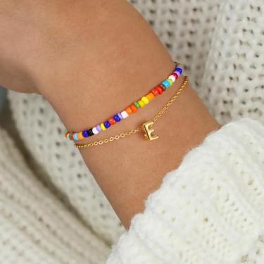 Imagem de Pulseiras femininas delicadas banhadas a ouro 14 quilates em camadas coloridas com contas A-Z, corrente ajustável empilhável, joias fofas, presentes de aniversário personalizados para sua filha, irmã