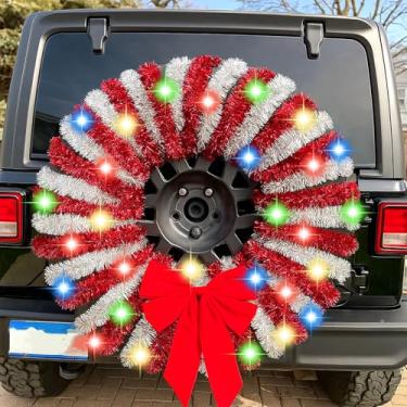 Imagem de Tigeen 6 peças guirlanda de pneu sobressalente de carro de Natal com luz, guirlanda de LED para caminhão de Natal DIY com laço vermelho para carro, churrasqueira, caminhão, SUV, carrinhos de golfe