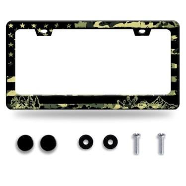 Imagem de Moldura de placa de licença personalizada bandeira americana camuflagem águia floresta suporte de placa de carro acessórios de aço inoxidável decoração de carros com parafusos serve para veículos