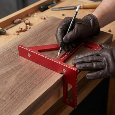 Imagem de 1 régua de triângulo de esquadria de liga de alumínio vermelha, transferidor quadrado de layout multiângulo 3D 45°/90° para medição de marcenaria