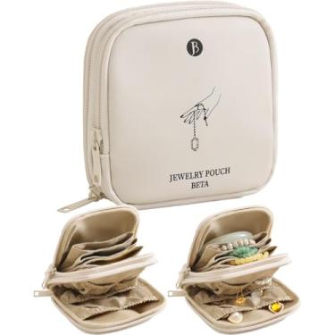 Imagem de tianzong Estojo de joias pequeno para viagem, bolsa de joias com zíper, presentes para mulheres, organizador de joias de poliuretano à prova d'água para pulseira e brincos (bege, zíper duplo)