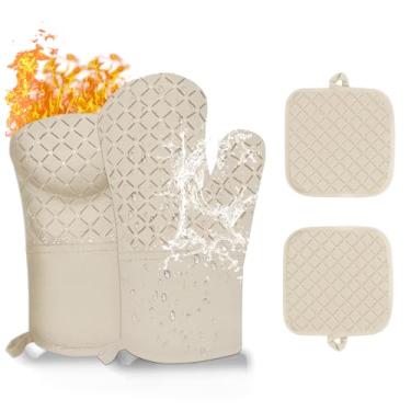 Imagem de Luvas de forno resistentes ao calor para cozinha, luvas de forno de cozinha, luvas de forno longas e suporte de panela com faixa de silicone antiderrapante e forro de algodão macio, luvas de forno de