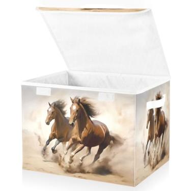 Imagem de Blueangle Cestos de armazenamento Chestnut Horse com tampas, 42 x 32 x 30 cm, grande cesta organizadora dobrável para decoração de escritório e armário (554)