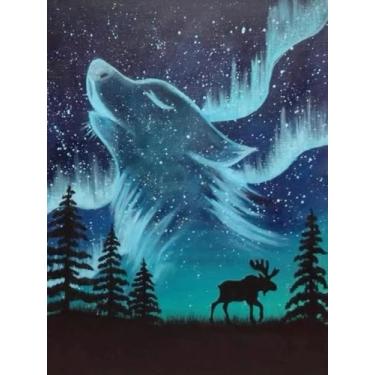 Imagem de NWQZBYHT Kits de arte de diamante aurora lobo para adultos, kits de pintura de diamante 5D de veado para iniciantes, faça você mesmo redondo com pontos de diamante, kits de pintura de pedras de árvore