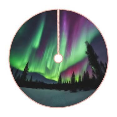 Imagem de Saia de árvore de Natal com estampa de pintura da aurora do norte, decorações de Natal rústicas, decoração de inverno, ano novo, festa