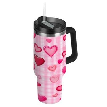 Imagem de ATTX Copo de corações rosa de 1,134 g com alça, copo de aço inoxidável a vácuo de parede dupla com palha, caneca de café de viagem isolada #395