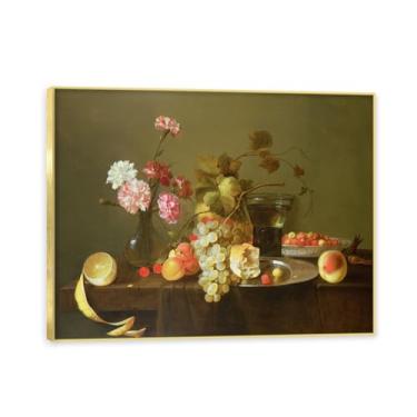 Imagem de NHLDZYH Moldura dourada. Vintage Fruta Ainda Vida Tela Retro Frutas Motivo Estilo Country Decoração de Parede para Cozinha e Sala de Jantar. A92. 70 x 90 cm.