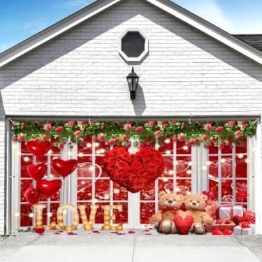 Imagem de Banner grande para decoração de porta de garagem para dia dos namorados 2,1 x 4,9 m rosa dos namorados porta de garagem rosa vermelha amor coração placa de luz decorações de urso de pelúcia casamento