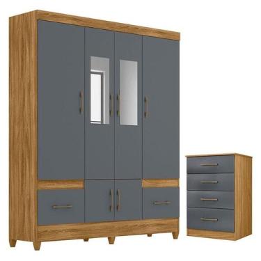 Imagem de Guarda Roupa Casal MS912 com espelho e Cômoda MS913 Freijó Cinza  Mova