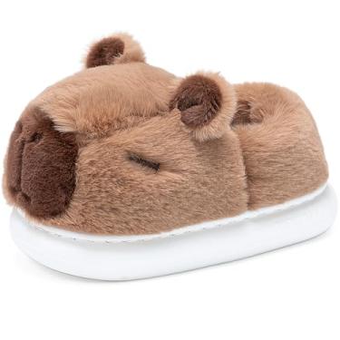 Imagem de XUNBAI Chinelos fofos de capivara para crianças, chinelos de casa de crianças, engraçados, macios e felpudos, sapatos de inverno para meninas e meninos, presentes de capivara, Marrom, 9.5-10 Toddler