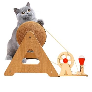 Imagem de Brinquedo de bola arranhadora para gatos | Tábua de arranhar para gatos | Brinquedo interativo para gatinhos com manivela à mão, luz LED embutida para brincar, treinar, interior, exterior, apartamento