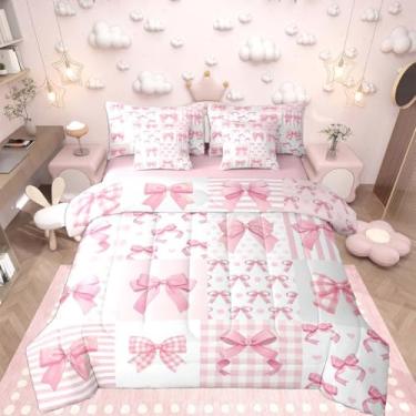 Imagem de Feelyou Conjunto de edredom com laço rosa para meninas, 7 peças, solteiro, com laço fofo, patchwork, para crianças, meninos, meninas, meninas, decoração de quarto de princesa, microfibra leve e macia