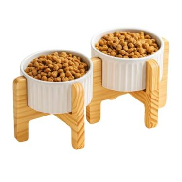 Imagem de Comedouro e Bebedouro Pet Elevado Duplo em Porcelana 320ml – Base em Madeira, Tigelas Removíveis para Ração e Água(Branco)