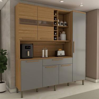 Imagem de Cozinha Compacta Vanguardia 6 Portas 1 Gaveta 100% Mdf com Vidro Amêndoa/Cinza - Panorama Móveis