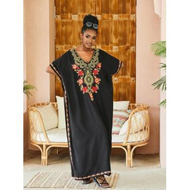 Imagem de Vestido Kaftan Boho plus Size Com Decote Em V E Bordado, Moda De Praia